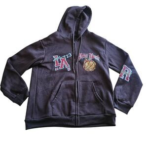 Mens Sz M brown letter print zip up hoodie